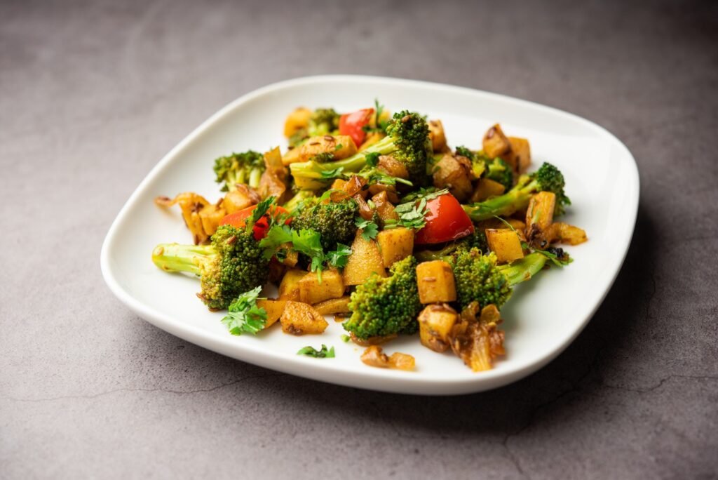 Indian style Broccoli And Aloo Poriyal or South Indian Broccoli And Potato Stir Fry vegetable recipe