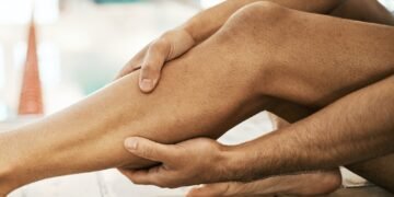 Legs injury, swimming and sports person massage calf problem from exercise, training or workout cri