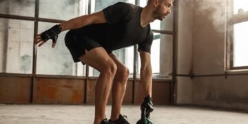 Sportsman working out with kettlebell in gym